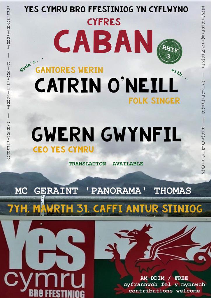 YesCymru Bro Ffestiniog (@yesbrostiniog) on Twitter photo Cofiwch am yr olaf yn ein cyfres sgwrs a chân yng nghaffi <a href="/AnturStiniogCyf/">Antur Stiniog</a> ar nos Wener ola’r mis!
Adloniant; diwylliant; chwyldro!
Efo @Catrinoneill yn canu a chyfle i holi <a href="/GwernGwynfil/">Gwern Gwynfil</a> prif weithrefwr <a href="/YesCymru/">YesCymru</a>
#Annibyniaeth #Caban Cofiwch am yr olaf yn ein cyfres sgwrs a chân yng nghaffi <a href="/AnturStiniogCyf/">Antur Stiniog</a> ar nos Wener ola’r mis!
Adloniant; diwylliant; chwyldro!
Efo @Catrinoneill yn canu a chyfle i holi <a href="/GwernGwynfil/">Gwern Gwynfil</a> prif weithrefwr <a href="/YesCymru/">YesCymru</a>
#Annibyniaeth #Caban