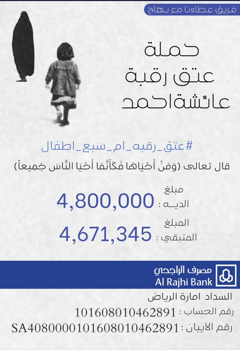 مبادره_ساعدنى3

✋ حاله عتق عائشه احمد

رقم الحساب

101608010462891

رقم الايبان

SA4080000101608010462891

ساهم قبل أن تغادر
بما تجود به نفسك
لاينقص من المعروف شيء
اعيدو لهم امهم
محتاجين فزعتكم ياشعب طويق
الوقوف مع هالحاله
#عتق_رقبه_ام_سبع_اطفال
#عبدالعزيز_بن_فهد