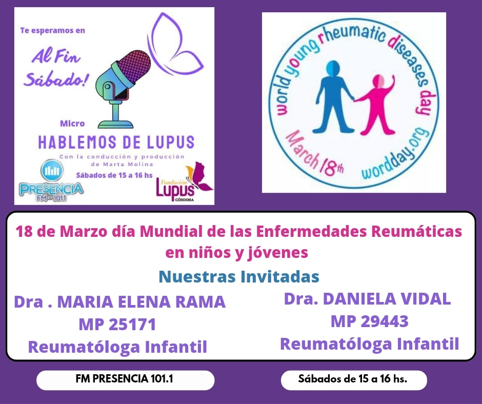 🗓Mañana Sábado 18 de Marzo de 15 a 16 hs, te esperamos por FM Presencia 101.1 📻

radiopresencia.com.ar
nuestras invitadas:
Dra. María Elena Rama - Reumatologa Infantil
Dra. Daniela Vidal - Reumatologa Infantil
Hablaremos sobre:
Enfermedades Reumáticas en niños y jóvenes 🙋‍♂️🙋‍♀️