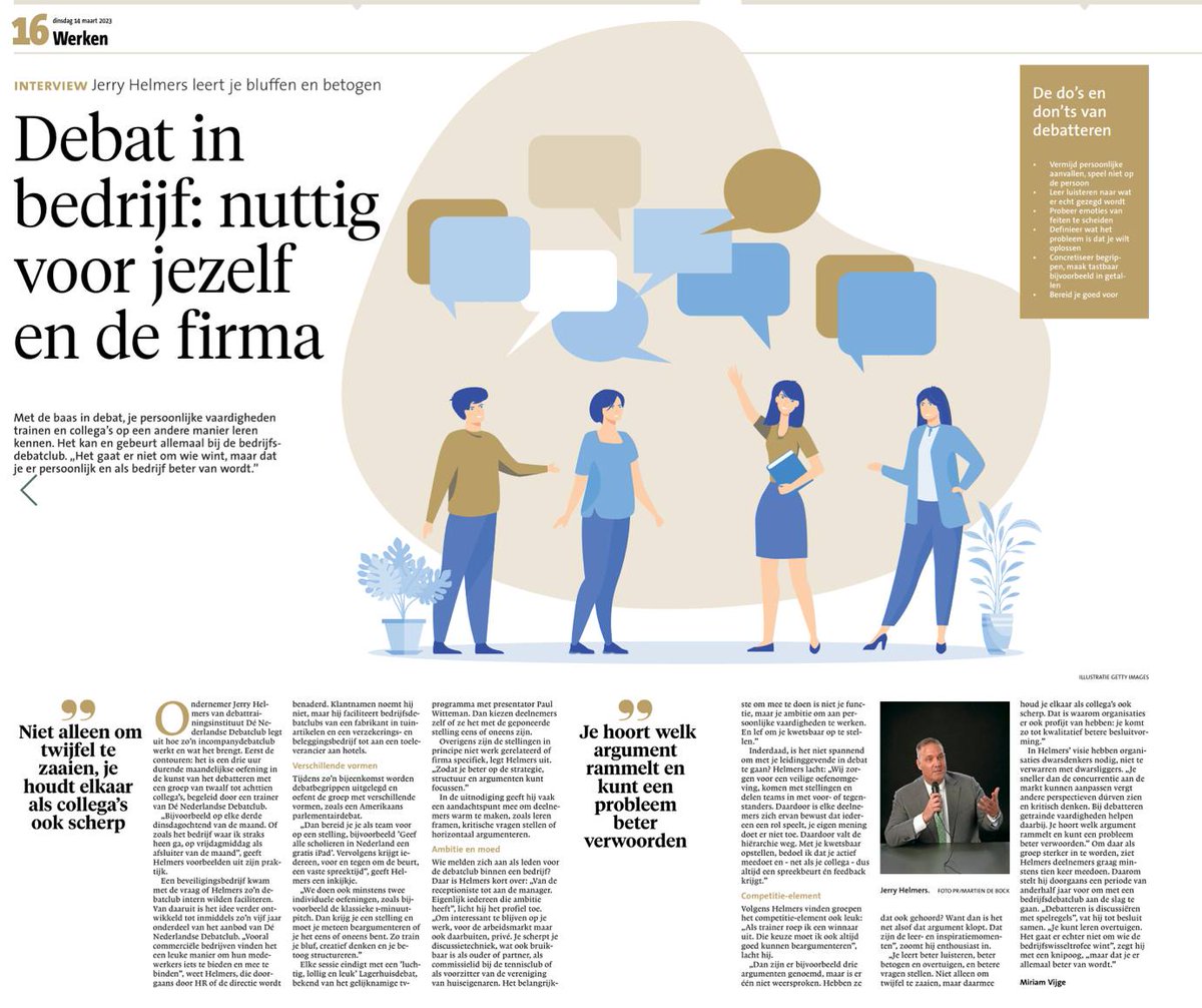 Afgelopen week stonden we met <a href="/debatclubnl/">Dé Nederlandse Debatclub * Club van het Jaar 2019</a> in veel kranten van Het Mediahuis. Journalist interviewde ons over het fenomeen van de #bedrijfsdebatclub.

Misschien de snelst groeiende InCompany-training van ondernemend NL.

Uitgebreide reportage ook hier:
denederlandsedebatclub.nl/debatsport/jou…