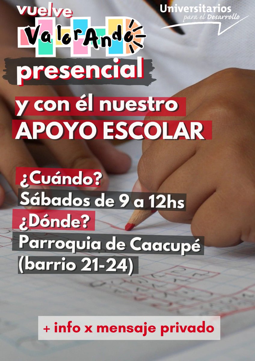 UPDesarrollo's tweet photo. Arrancamos el año volviendo a apoyar con nuestro proyecto ValoraAndo al apoyo escolar 👨‍🏫👩‍🏫de la parroquia de Caacupé en el Barrio 21-24. 
Se están necesitando voluntarios para ayudar a niños de primaria. Solo necesitas tener tiempo y ganas de ayudar! ♥️
Escribinos! https://t.co/AvpL4ds30z