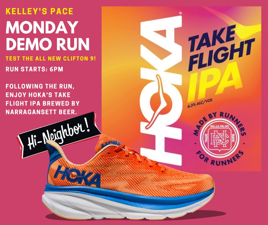 Kelley's Pace Monday night Monk run welcomes HOKA.  Come join us and try a pair of the new Clifton 9's and stay for a HOKA IPA after the run.   The fun run starts at 6pm all are welcome.