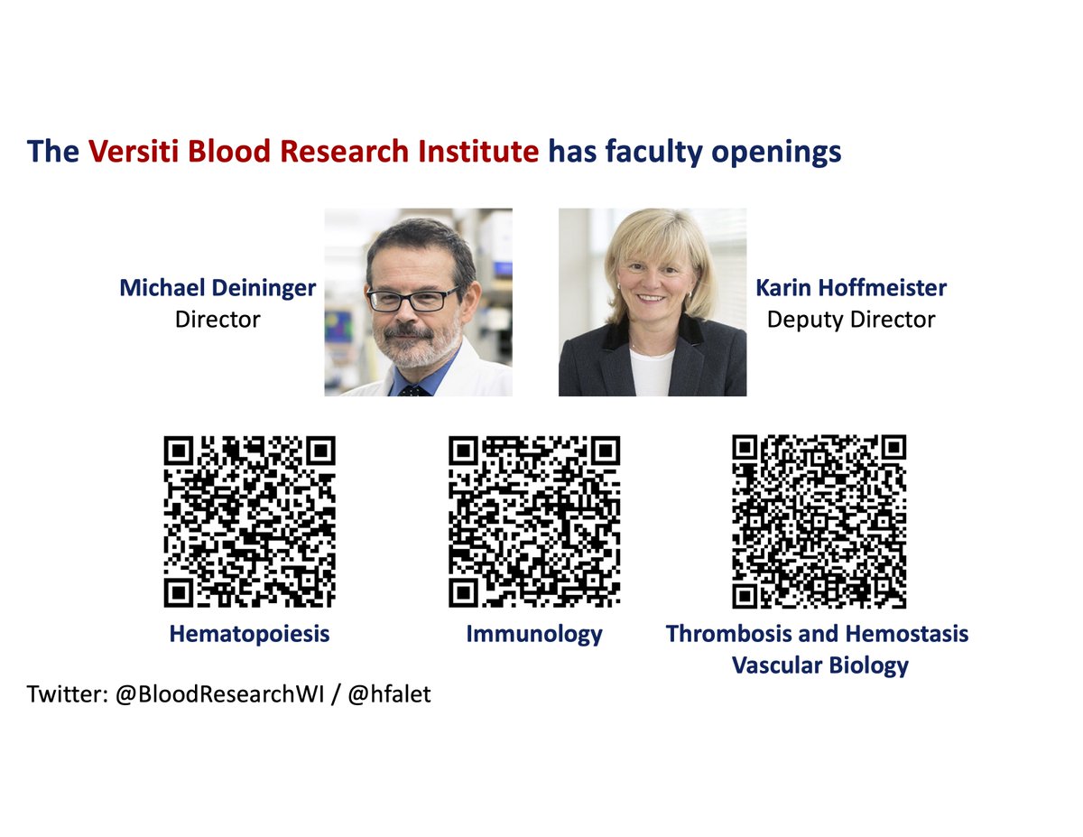 Reminder: the VBRI has faculty openings. Attached is the slide I presented last week @GordonConf #megakaryocytes #platelets with links to each application. Please apply and/or share. Thanks. @Versiti @BloodResearchWI