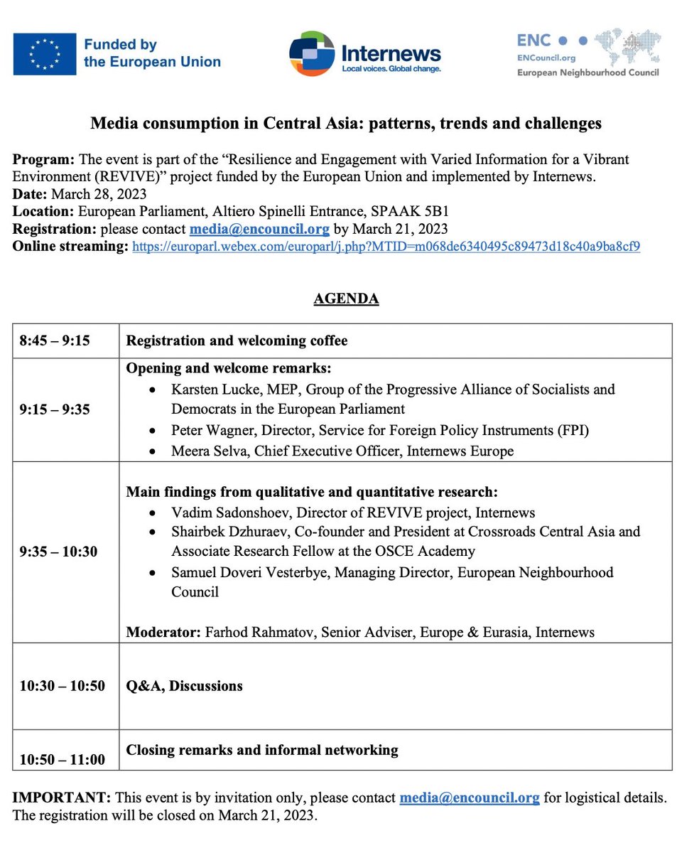 ENC_Europe's tweet photo. 📣📣Don't forget to register for our event hosted by MEP @karstenlucke to learn about the present status and key trends in #media📺 and #disinformation in #CentralAsia🇰🇿🇰🇬🇹🇲🇹🇯🇺🇿 
Join us online🔗https://t.co/T1nxw9Tj47
Find more ℹ️ about the event below👇🏽 https://t.co/4mrwrRtWoR