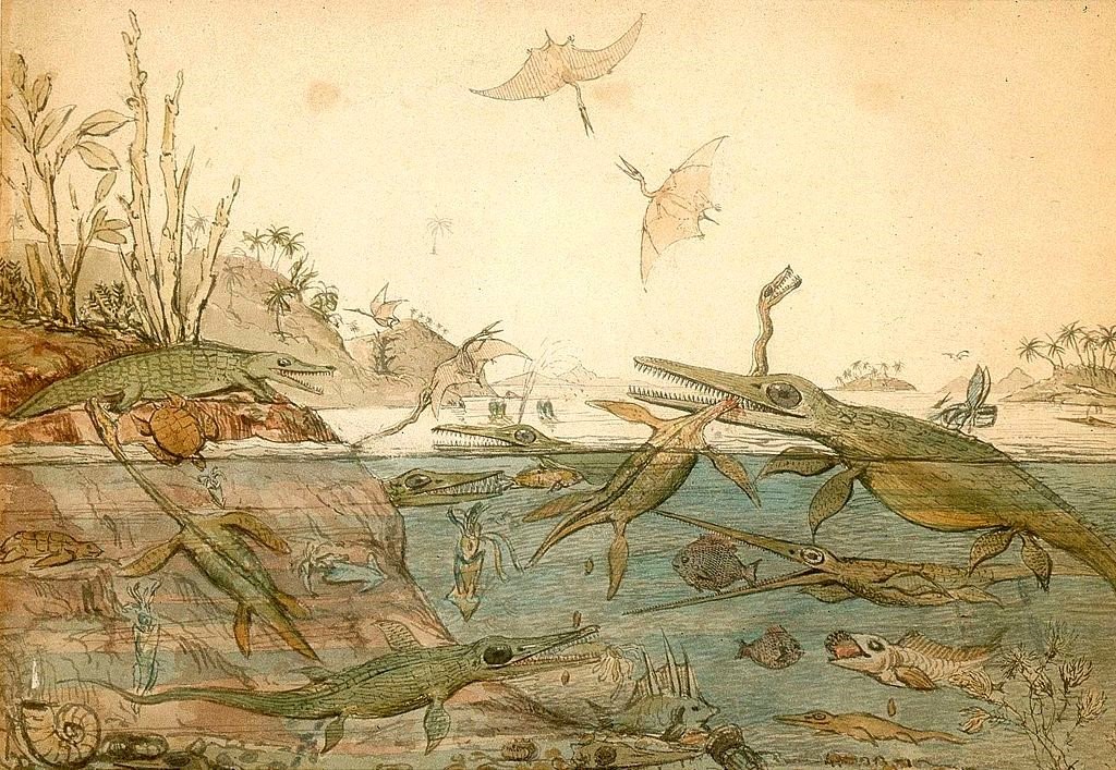 artinsociety's tweet photo. This is the first major scientifically-based pictorial representation of prehistoric life. Based on fossils found by Mary Anning, it depicts prehistoric Dorset, as imagined in watercolour by geologist Henry De la Beche in 1830, At R, later revised lithograph by George Scharf https://t.co/Iq2UJogQox