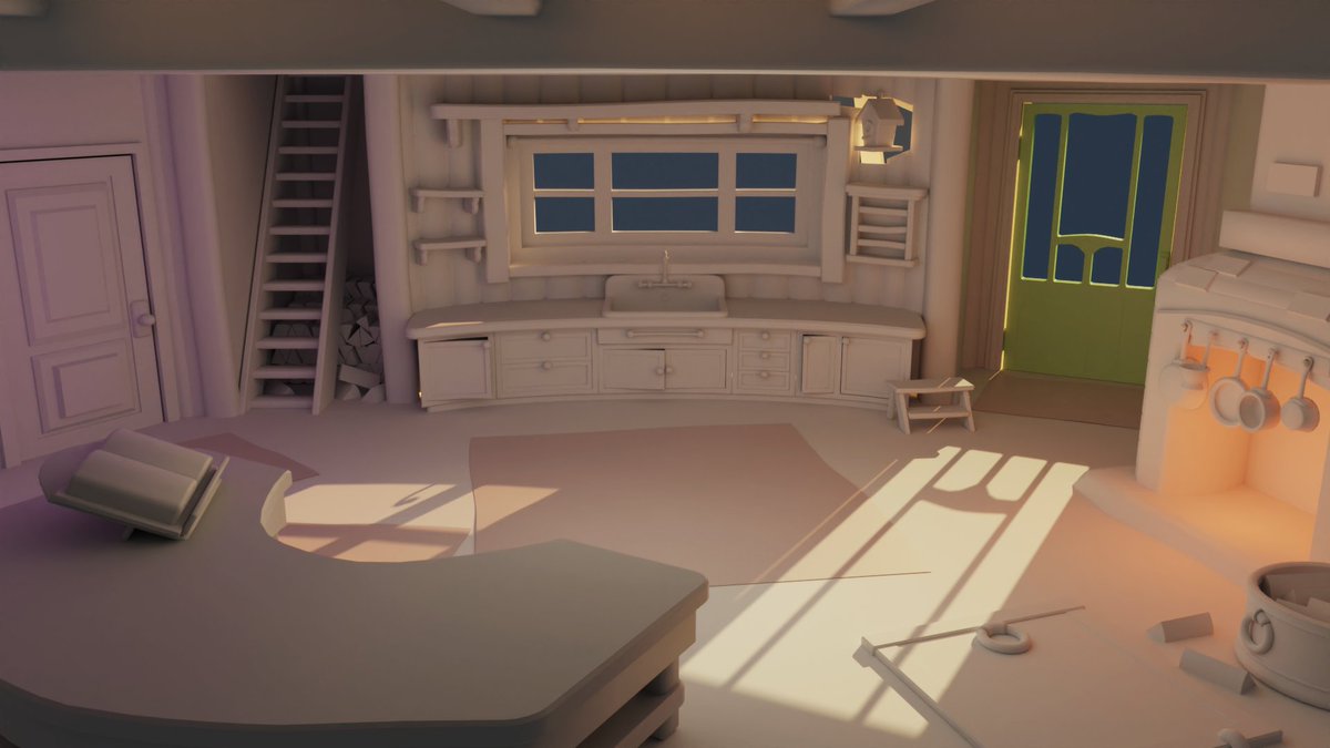 Am I having the time of my life working on my dream cooking game? Yes. Yes, I am... 🍃 Here is a WIP of the kitchen. 

#gamedev  #blender #indiedev #b3d
