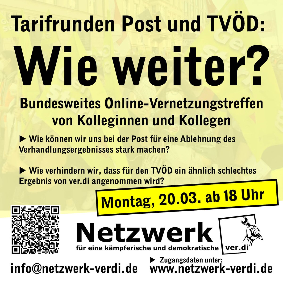 jfshamm's tweet image. [1/2] Wie weiter bei den Tarifrunden Post und TVÖD?
Bundesweites Online-Vernetzungstreffen von Kolleginnen und Kollegen.

- Wie können wir uns bei der Post für eine Ablehnung des Verhandlungsergebnisses starkmachen?