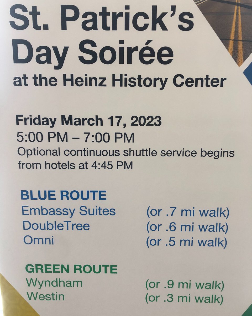 ACRL2023's tweet photo. Bus routes for the St. Patrick's Day party at the Heinz History Center start running from the conference hotels at 4:45pm. Routes are in the app or on this handy sign. #ACRL2023 https://t.co/rv5eUlLk7N