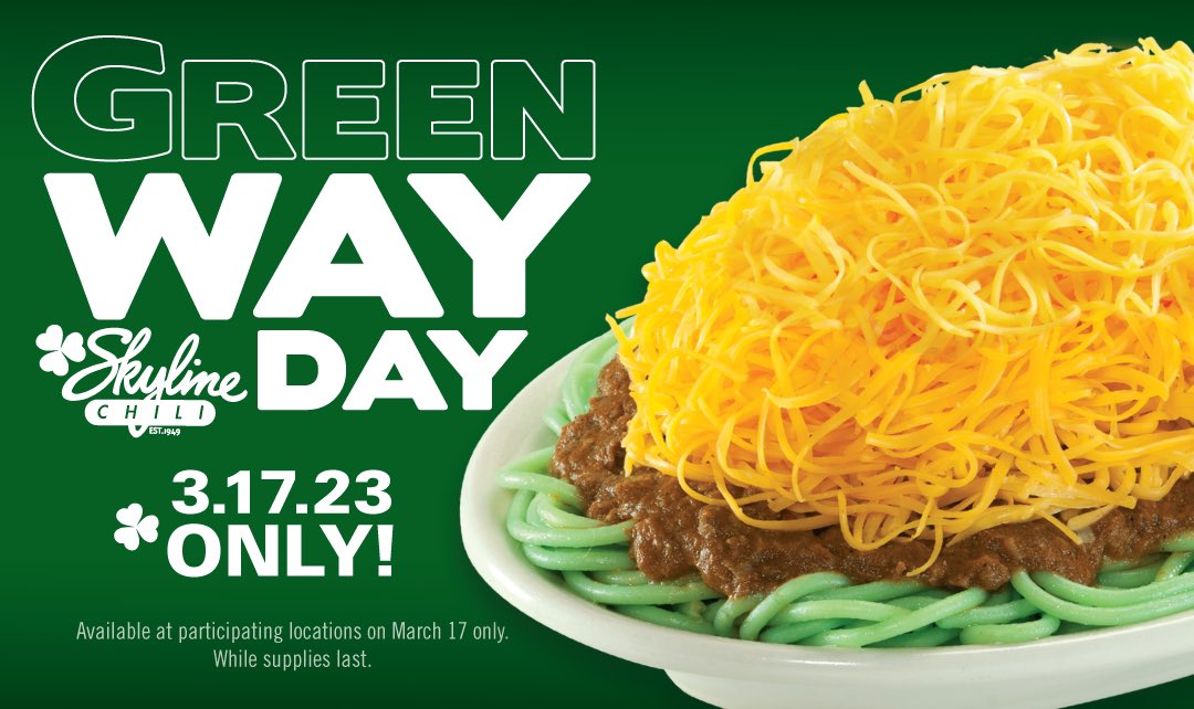 MoEgger's tweet photo. Happy #GreenwayDay!
Get your green 3,4, or 5 way for dinner tonight at participating @Skyline_Chili locations.
#skylinepartner. https://t.co/B62V9pF4Gj