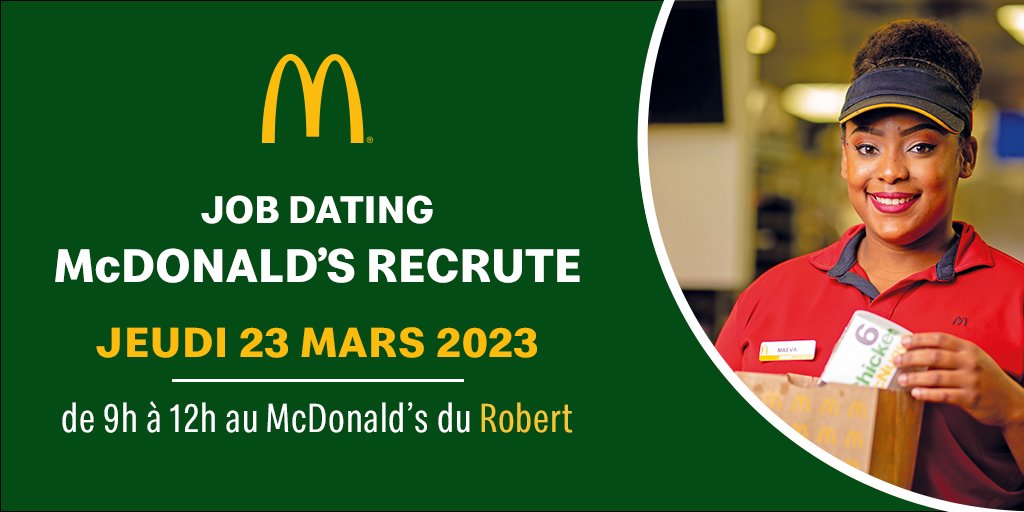 💼 Rejoindre la Team McDonald's ça te dit ?
En #Martinique nous avons des contrats 🗂 à pourvoir !
Rendez-vous au :
📍 McDonald's du Robert
🗓 le mercredi 23 mars 2023
⌚ de 9h à 12h
📩 Viens avec ton #CV !
#recrutement