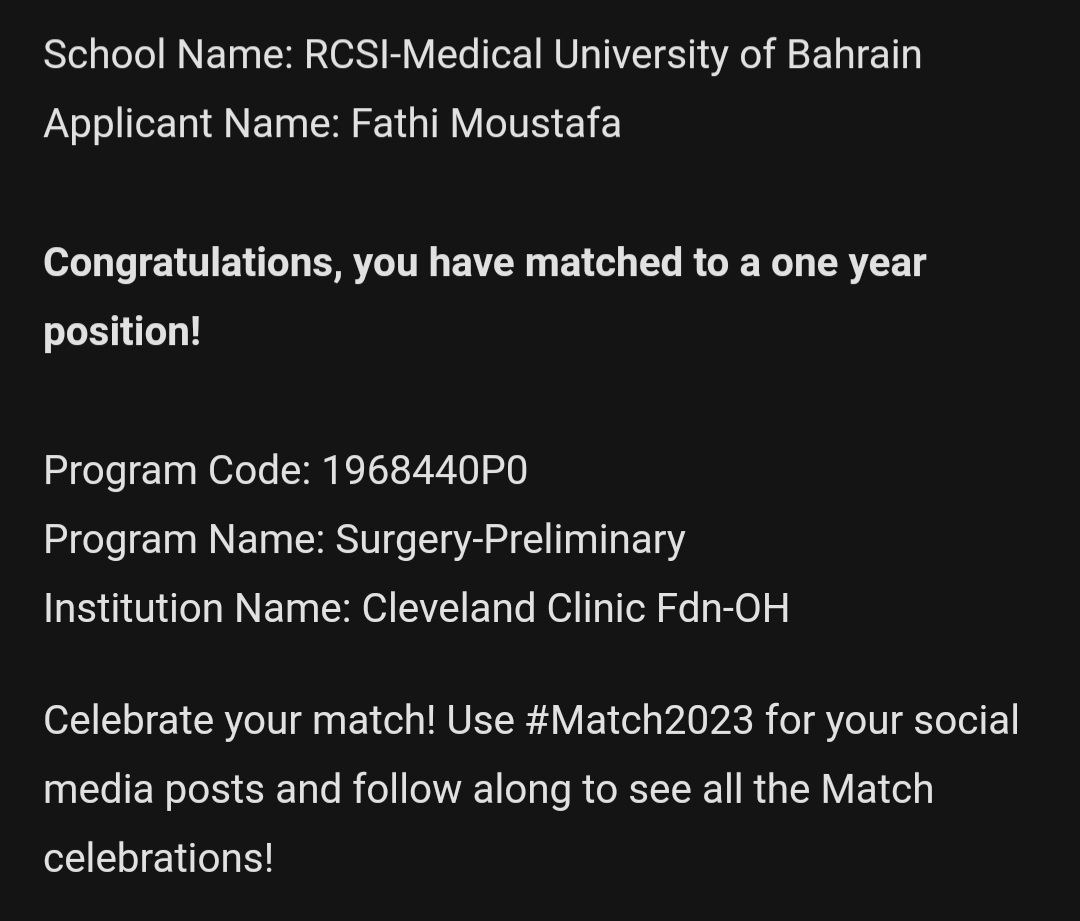 FathiMoustafa3's tweet photo. I have matched to the Cleveland Clinic Surgery preliminary program and I couldn't be happier and more grateful for this opportunity!
Looking forward for what's ahead and can't wait to learn and grow with such a prestigious institution. 💯
#Match2023 @CCFSurgery #surgery https://t.co/jeiIgd8FTt