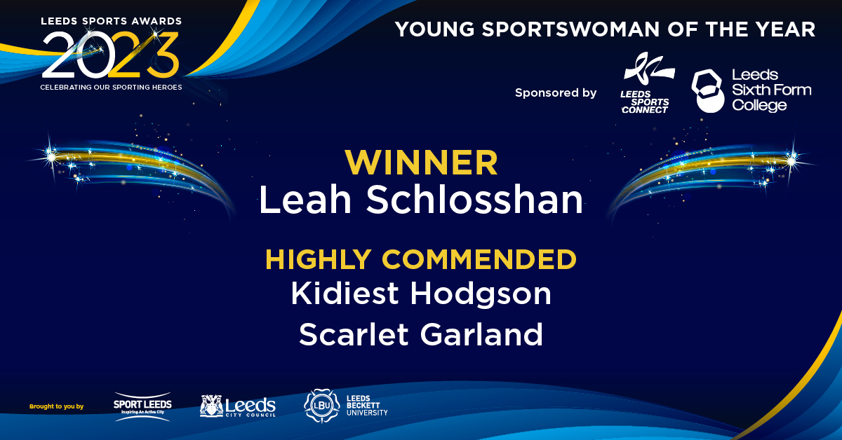👧Onto our YOUNG SPORTSWOMAN award:

🥇Winner - Leah Schlosshan

Highly Commended:
<a href="/kidiesthodgson/">Kidiest</a> 
Scarlet Garland

Well done to all 👏
Thank you to <a href="/LeedsSixthForm/">Leeds Sixth Form College</a> for sponsoring!