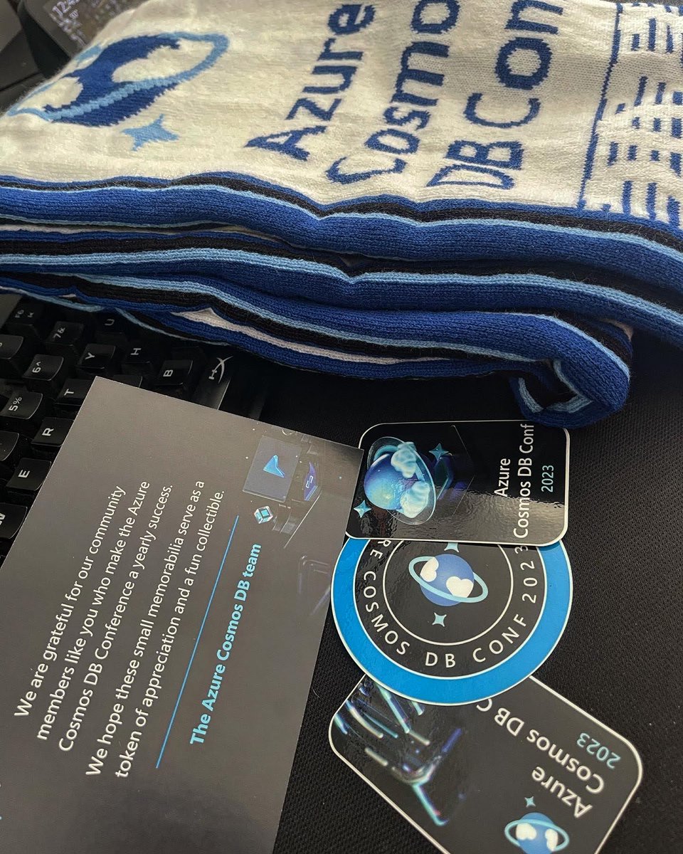 YanBorowski's tweet photo. I just received a special gift from #AzureCosmosDBConf: a super cool jacket and a scarf with the Cosmos DB Conf logo! I'll definitely wear this gift with pride.

Thank you @azurecosmosdb team!

#cosmosdbconf #microsoftazure #microsoft #cosmosdb  #AzureCosmosDBConf https://t.co/ZOwPNFymI7