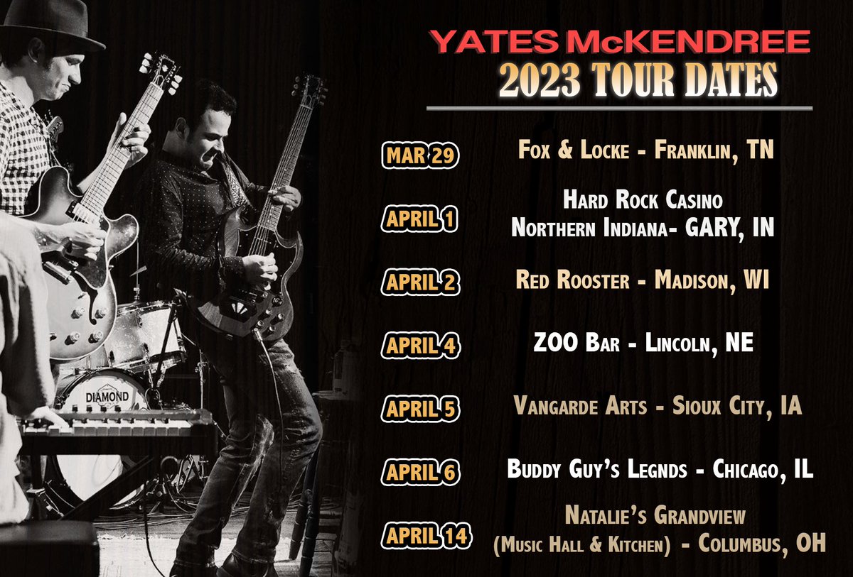 We're excited to announce Yates McKendree is hitting the road!! Here are the US shows Yates has booked for 2023 so far. 

For more information and to purchase tickets click here: bnds.us/zoma3y

<a href="/buchananlaneLP/">Yates McKendree</a>