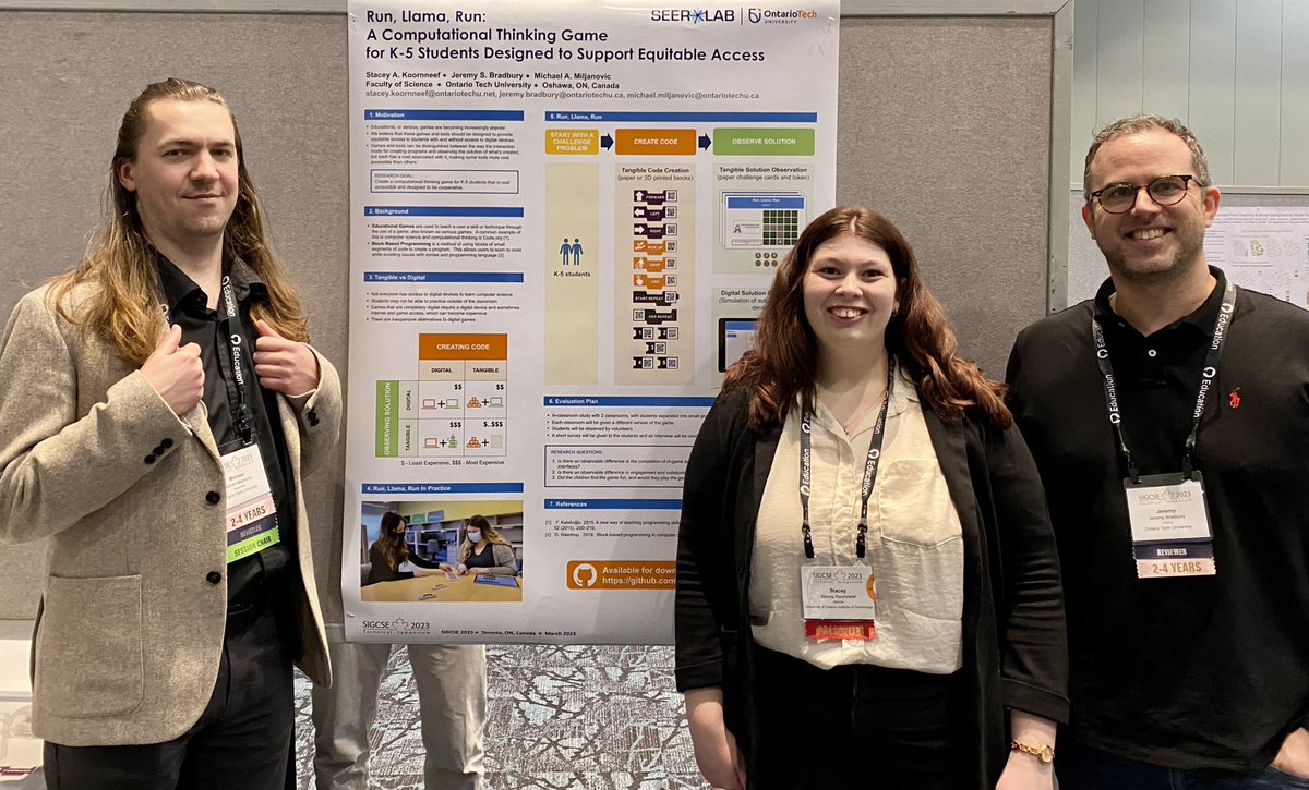 jeremy_bradbury's tweet image. Stacey Koornneef is presenting “Run, Llama, Run: A Computational Thinking Game for K-5 Students Designed to Support Equitable Access” at this afternoon’s #SIGCSE 2023 poster session. Stop by to hear about our approach to tangible game-based learning.