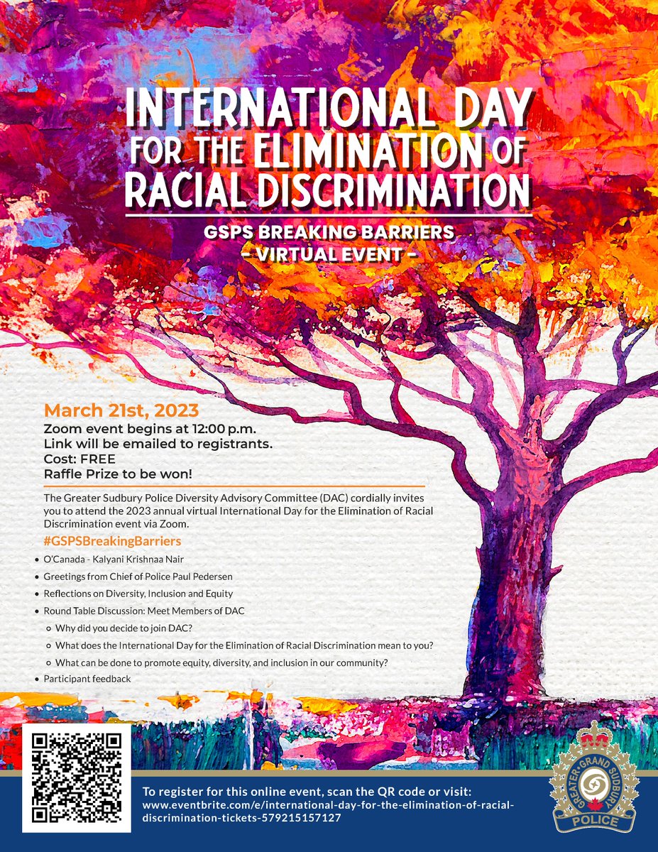 On behalf of the GSPS Diversity Advisory Committee, we invite you to attend our 2023 annual virtual International Day for the Elimination of Racial Discrimination event via Zoom on March 21st, 2023 at 12pm. Register here: eventbrite.com/e/internationa… #GSPSBreakingBarriers #IDERD2023