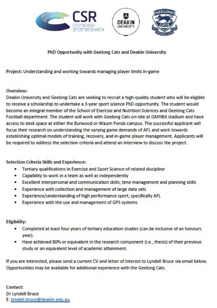 sandcvacancies's tweet photo. Deakin University &amp; the Geelong Cats (AUS) are offering a 3-year funded PhD.

Further details at the picture.

#sandcvacancies #australia https://t.co/3RWQbY1s3G