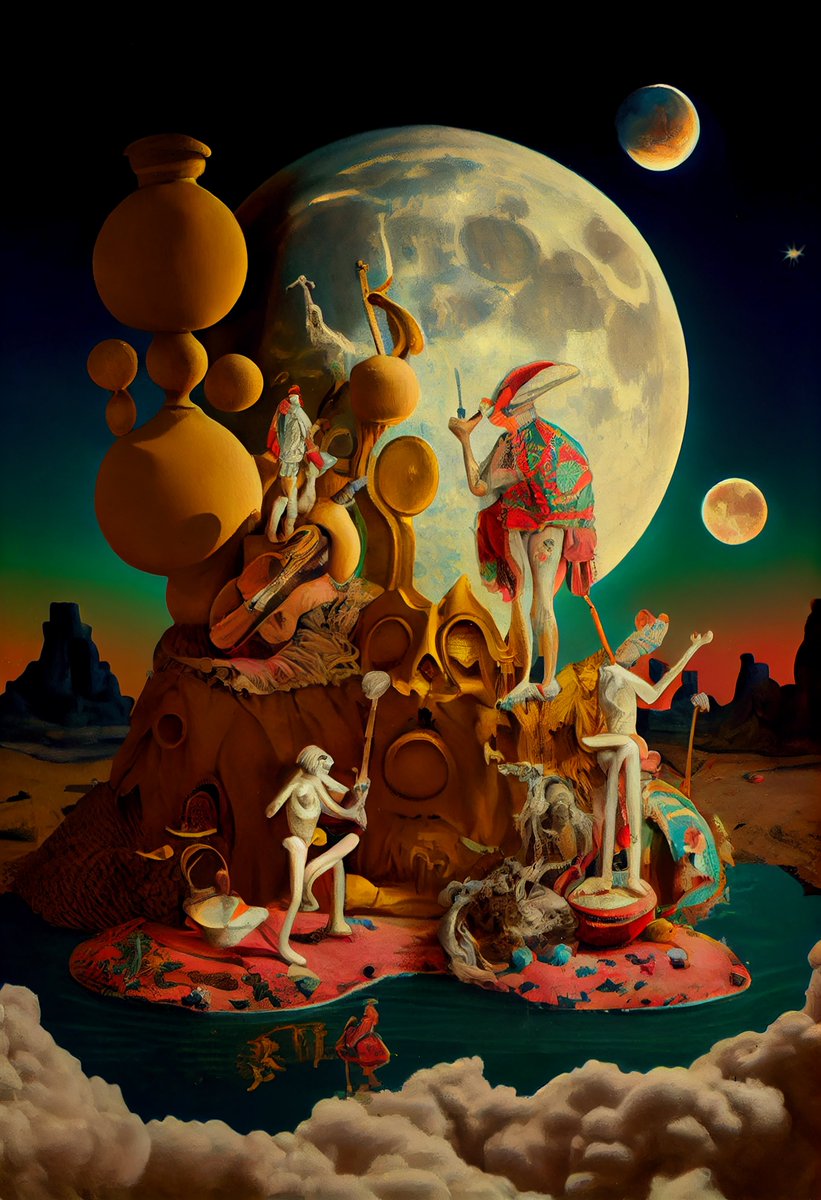 Reaching for the Moon.🌛
Strange characters, melting, dissolving into reality.
Are they minstrels playing a serenade to the moon, acrobats attempting to climb the mountain that seems to lead to the moon?

<a href="/foundation/">Foundation 🌐</a> reserve 0.065 ETH
#nft #nfts #nftfoundation
Link ⏬⏬⏬