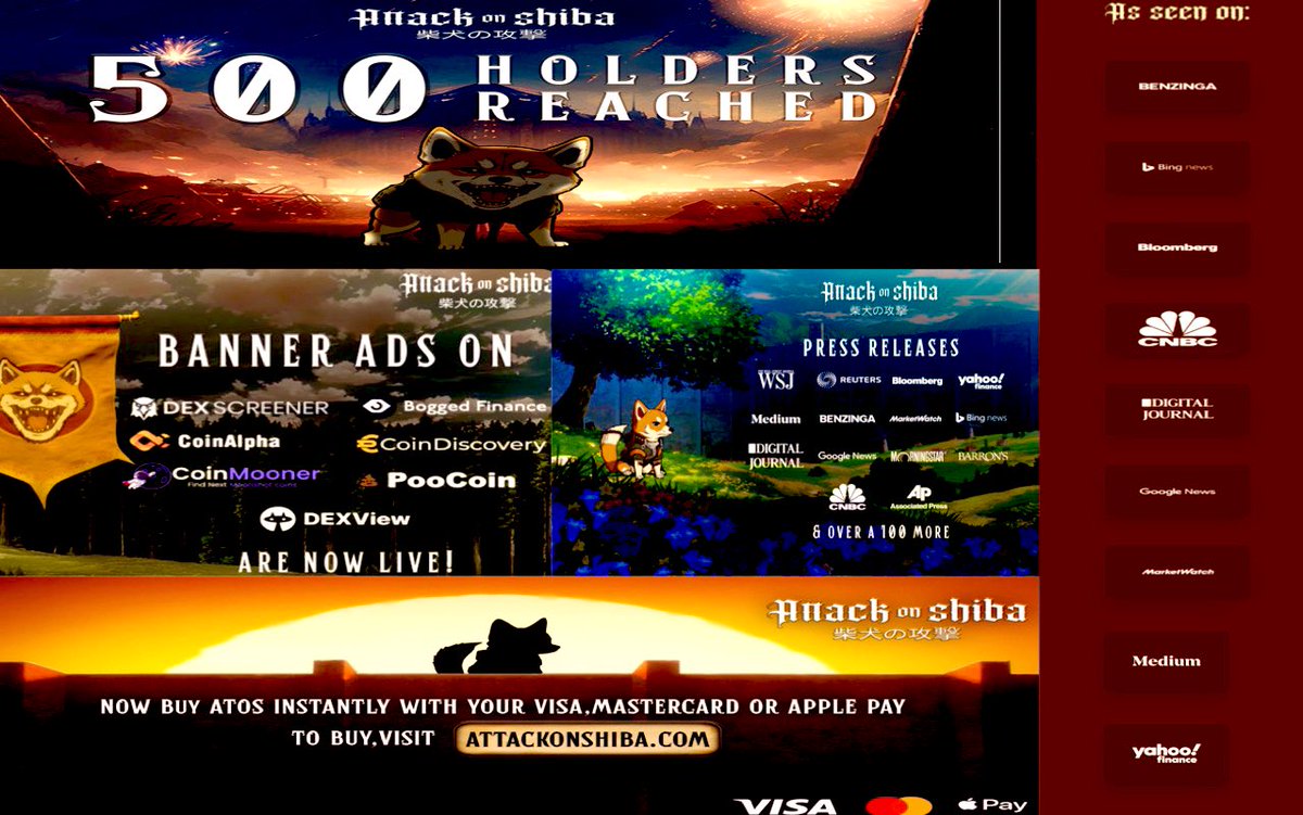 BITCOINTRAPPER's tweet photo. $ATOS #ATTACKONSHIBA/🐕🔎

🐕Suprassed 500 holders & can now buy w @Visa & @Mastercard onwebsite 
🐕Banners on @dexscreener @boggedfinance @CoinAlpha3 @PoocoinBSC @CoinmoonerCom @CoinDiscoveryy 
🐕press releases on @bing @CNBC @digitaljournal @markets @MarketWatch @Medium @YahooFinance