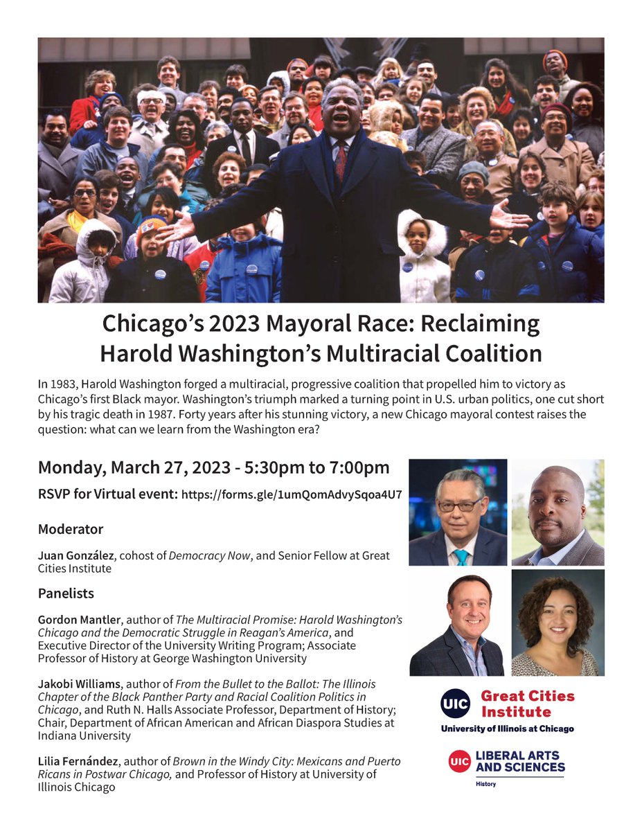 Great Cities Institute (@uicgci) on Twitter photo Join us on Monday 3/27 for a panel titled "Chicago's 2023 Mayoral Race: Reclaiming Harold Washington Multiracial Coalition" and moderated by <a href="/juangon68/">Juan Gonzalez</a>! Panelists include @gomantler <a href="/jakobiwill/">Jakobi Williams</a> and Lilia Fernández! forms.gle/1umQomAdvySqoa… Join us on Monday 3/27 for a panel titled "Chicago's 2023 Mayoral Race: Reclaiming Harold Washington Multiracial Coalition" and moderated by <a href="/juangon68/">Juan Gonzalez</a>! Panelists include @gomantler <a href="/jakobiwill/">Jakobi Williams</a> and Lilia Fernández! forms.gle/1umQomAdvySqoa…