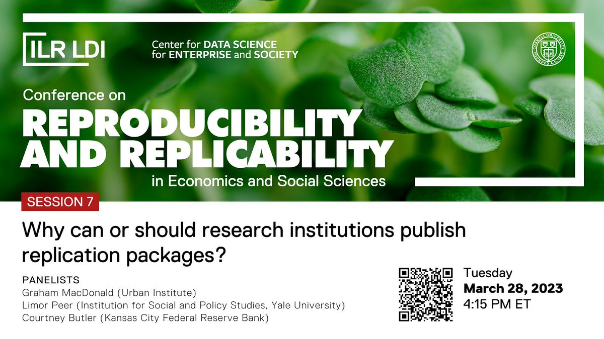 Tune in to Session 7 of the CRESS series on 3/28 to hear from @GrahamIMac, @l_peer, and Courtney Butler of the @KansasCityFed about how research institutions think about publishing replication packages themselves! Register: cornell.zoom.us/webinar/regist…