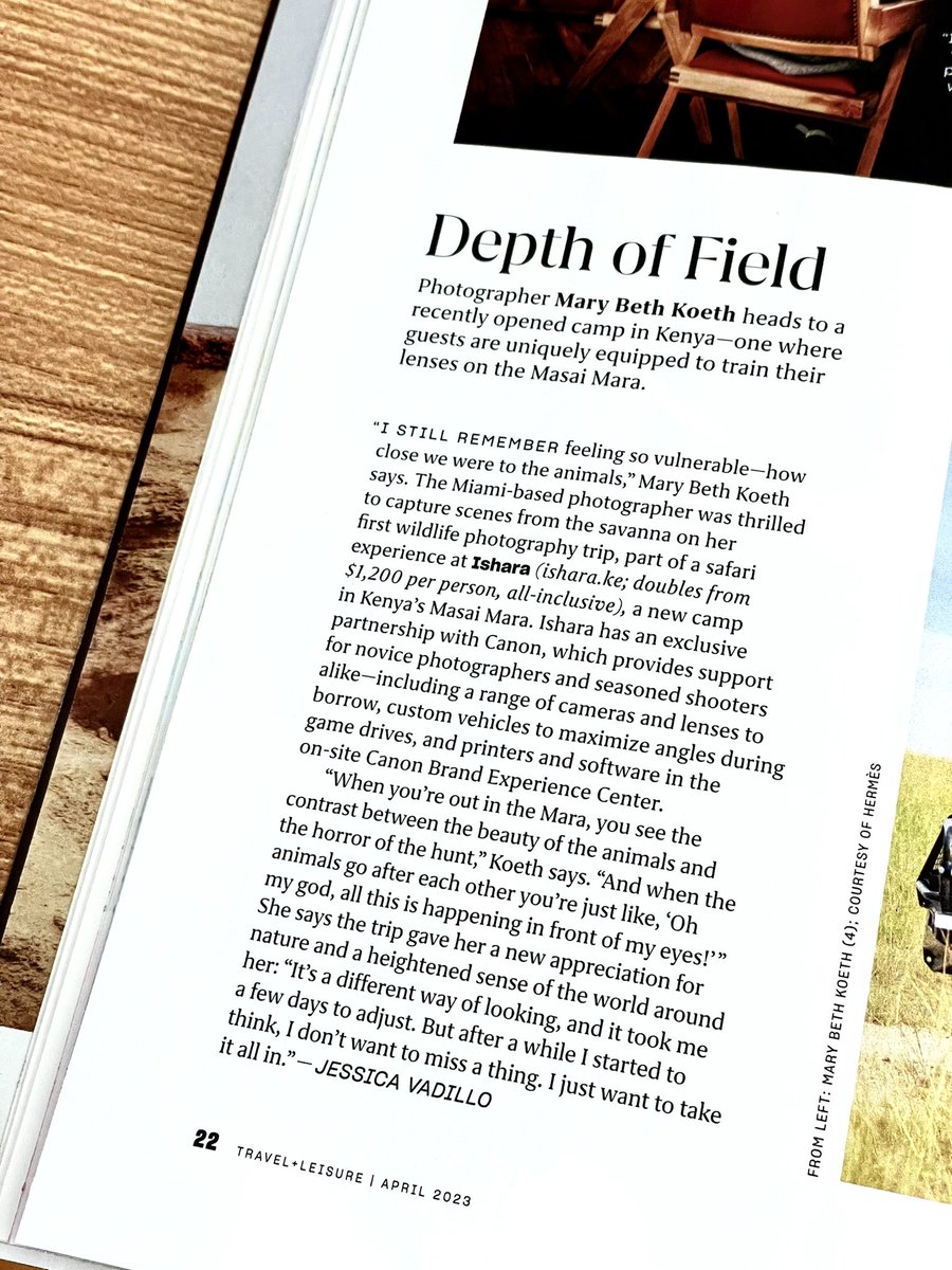 Jessica Vadillo (@jessvadillo) on Twitter photo Our April ‘23 print issue of <a href="/TravelLeisure/">Travel + Leisure</a> is officially out. I had the pleasure of speaking with photographer, Mary Beth Koeth, on Canon’s partnership with Ishara—a safari camp in Kenya’s Masai Mara (also, my first story in book!) 😊 Our April ‘23 print issue of <a href="/TravelLeisure/">Travel + Leisure</a> is officially out. I had the pleasure of speaking with photographer, Mary Beth Koeth, on Canon’s partnership with Ishara—a safari camp in Kenya’s Masai Mara (also, my first story in book!) 😊