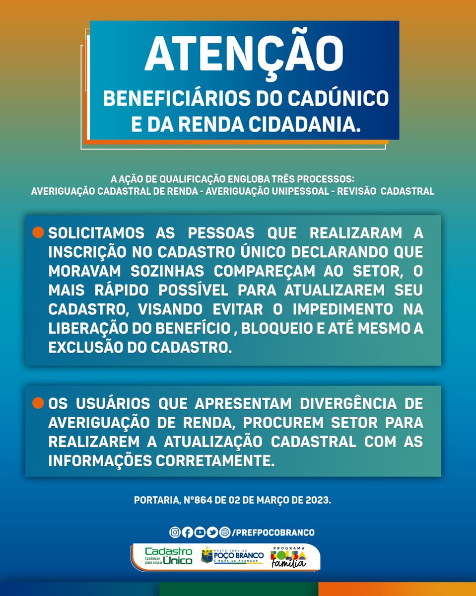 PrefPocoBranco's tweet photo. ATENÇÃO BENEFICIÁRIOS DO CADÚNICO E DA RENDA CIDADANIA 

Prefeitura Municipal de Poço Branco.
Aqui, o Avanço e o Trabalho não param!!!

#CadUnico #Atualização #PoçoBrancoRN https://t.co/QO62Q3NGSV