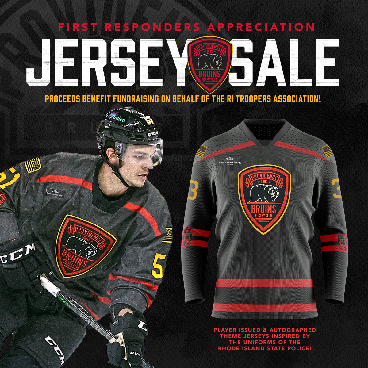 🚨Get your #AHLBruins First Responders Appreciation Jersey now before they're gone!🚨 

Inspired by the uniforms of the RI State Police, proceeds go toward fundraising efforts on behalf of the RI Troopers Association! <a href="/RiTroopers/">RI Troopers Association</a>

Browse &amp; Buy Now ➡️ bit.ly/3ZNx7d7
