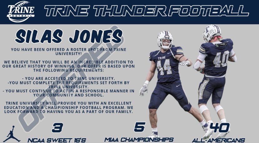 Silasjo23's tweet photo. Honored to receive an offer from Trine University @TrineThunderFB @CoachBCullen https://t.co/4oGza809UX