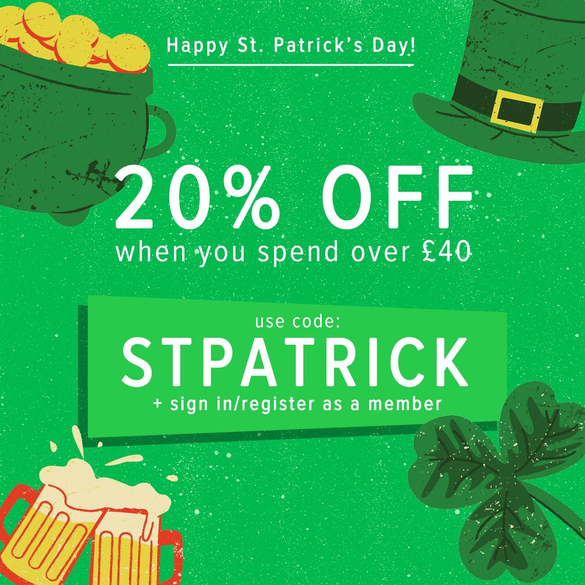 katesskates's tweet photo. Fancy a sale? Well today's your lucky day! Take 20% off when you spend over £40 with code STPATRICK + sign in/register as a member! https://t.co/3OCIn62dub
Happy #StPatricksDay 🍀

#stparticksday2023 https://t.co/FHQRpnUtjx