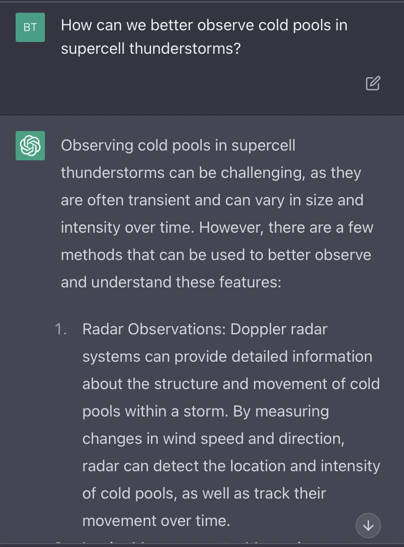 Gonna need a mobile radar to implement some of chat GPT’s suggestions on how to better observe supercell cold pools. It also suggested using drones and mobile mesonets (😳) to get in situ measurements before then going off the rails and suggesting I use satellite data.