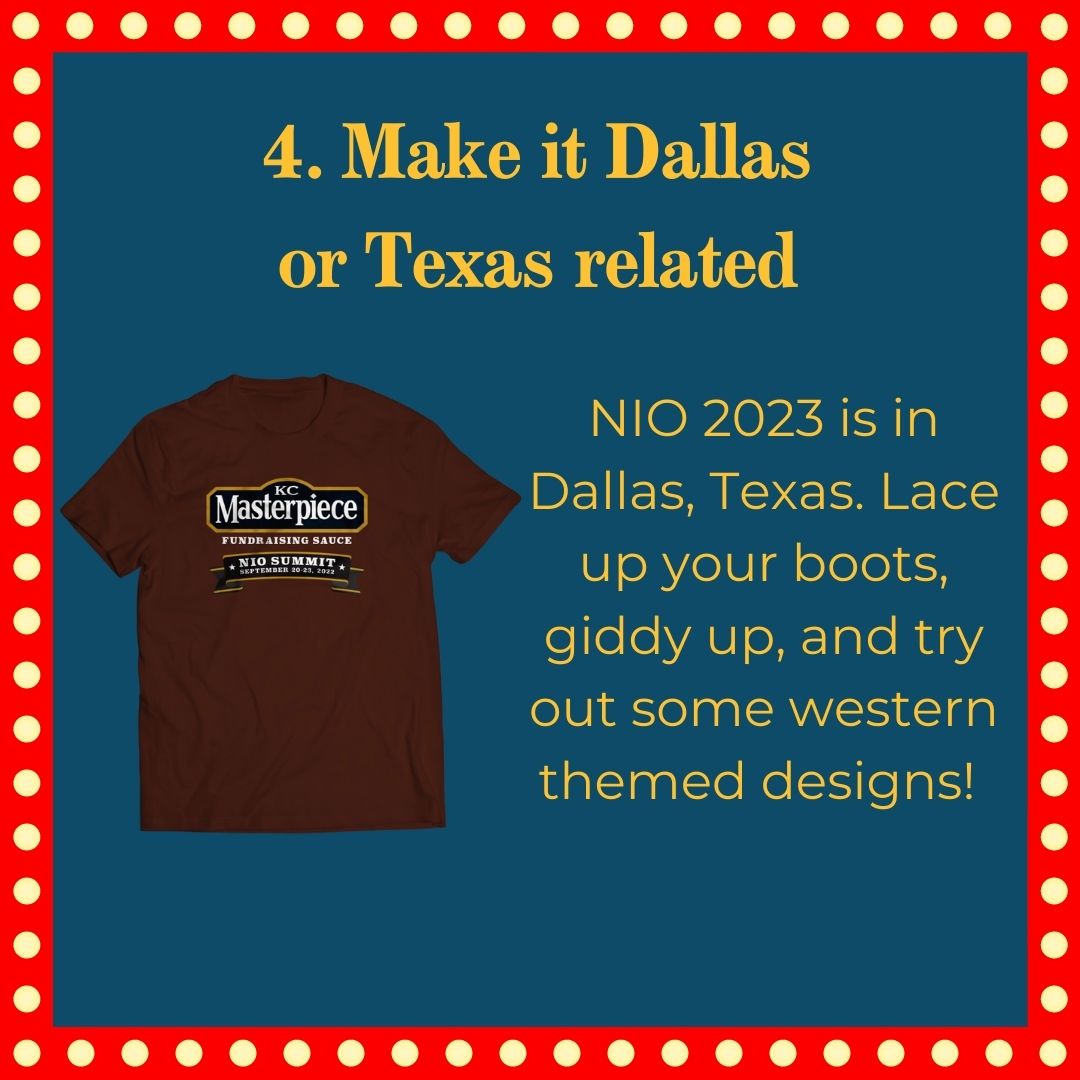 Struggling to come up with ideas for the NIO Summit T-shirt and Sticker Design Contest? Here are 4 tips to spark your next great idea! #nio #niosummit2023 #dallas #nonprofit #fundraising #nonprofitconference #nextafter