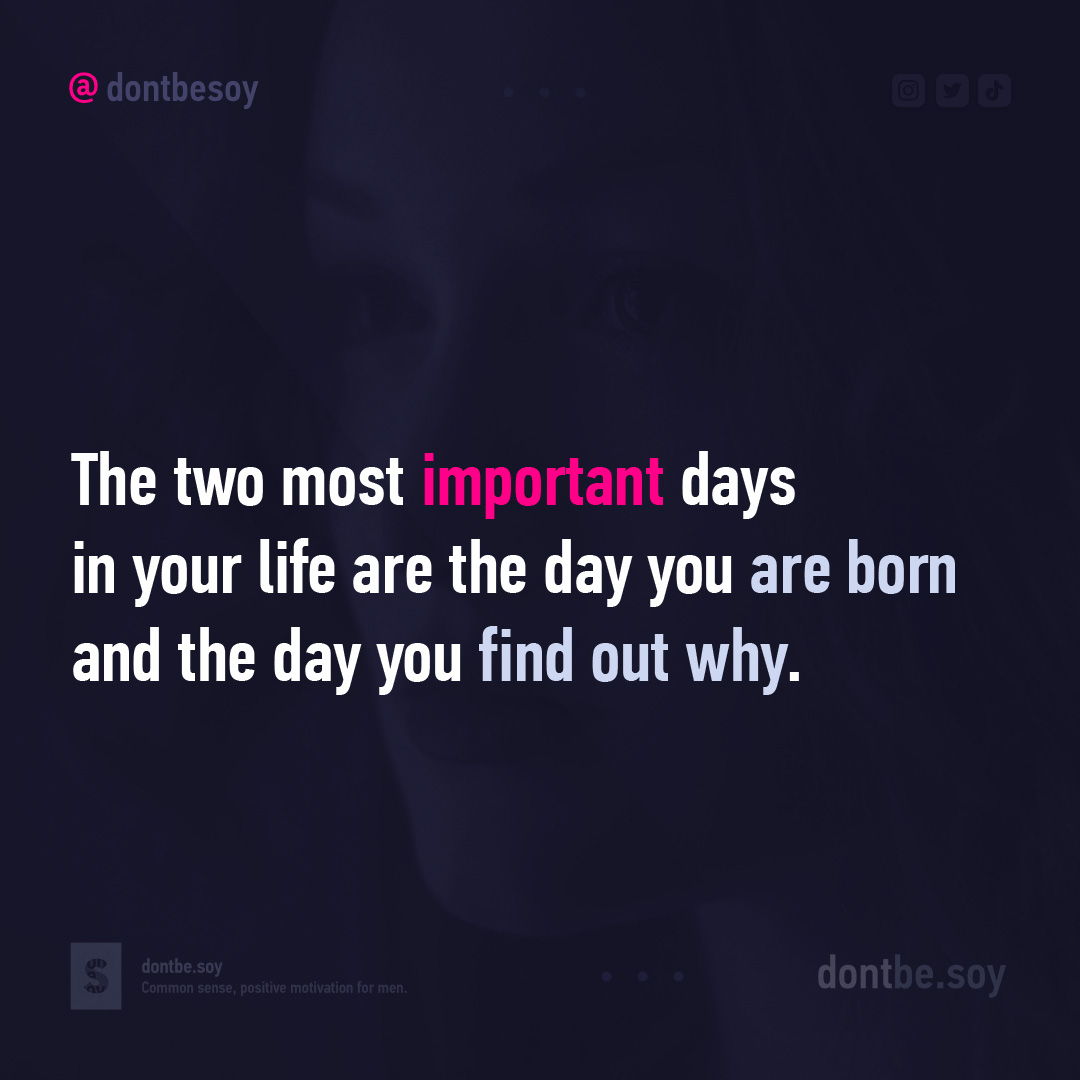 dontbesoy's tweet photo. The two most important days in your life are the day you are born and the day you find out why.

#masculinity #success #lifestyle #commonsense #motivation #men https://t.co/CGpZ5ClmZN