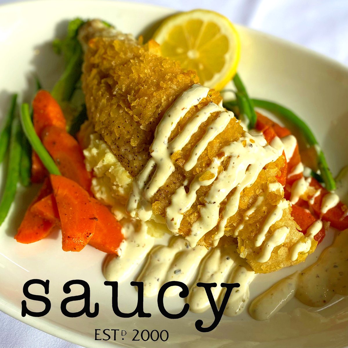 Weekend Fish Feature: 

💥Our Famous Potato Crusted Pickerel💥
•
Potato crusted Pickerel filet, pan roasted &amp; topped w/ lemon caper dill aioli served w/ market &amp; your choice of side 
•
#saucy #friday #dill #eatlocal #newmenu #feature #pickerel