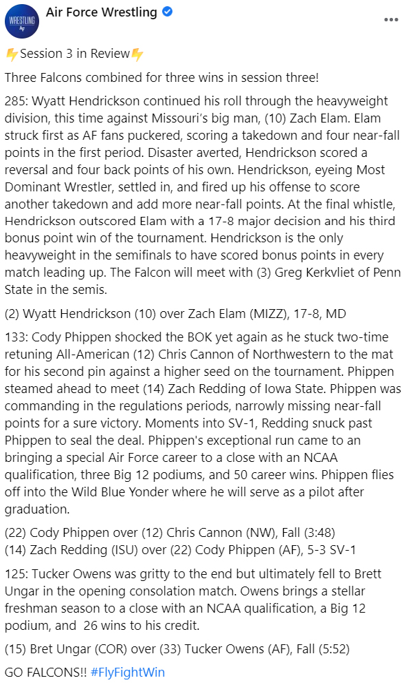 AF_Wrestle's tweet photo. ⚡️Session 3 Review⚡️
📌Phippen pins two-time All-American Chris Cannon
🇺🇸Wyatt Hendrickson becomes the Falcons' first All-American since 2003
💪Hendrickson becomes the only heavyweight in the semis to have earned bonus points in every match leading up #MostDOMINANT https://t.co/xk2V3unb3A