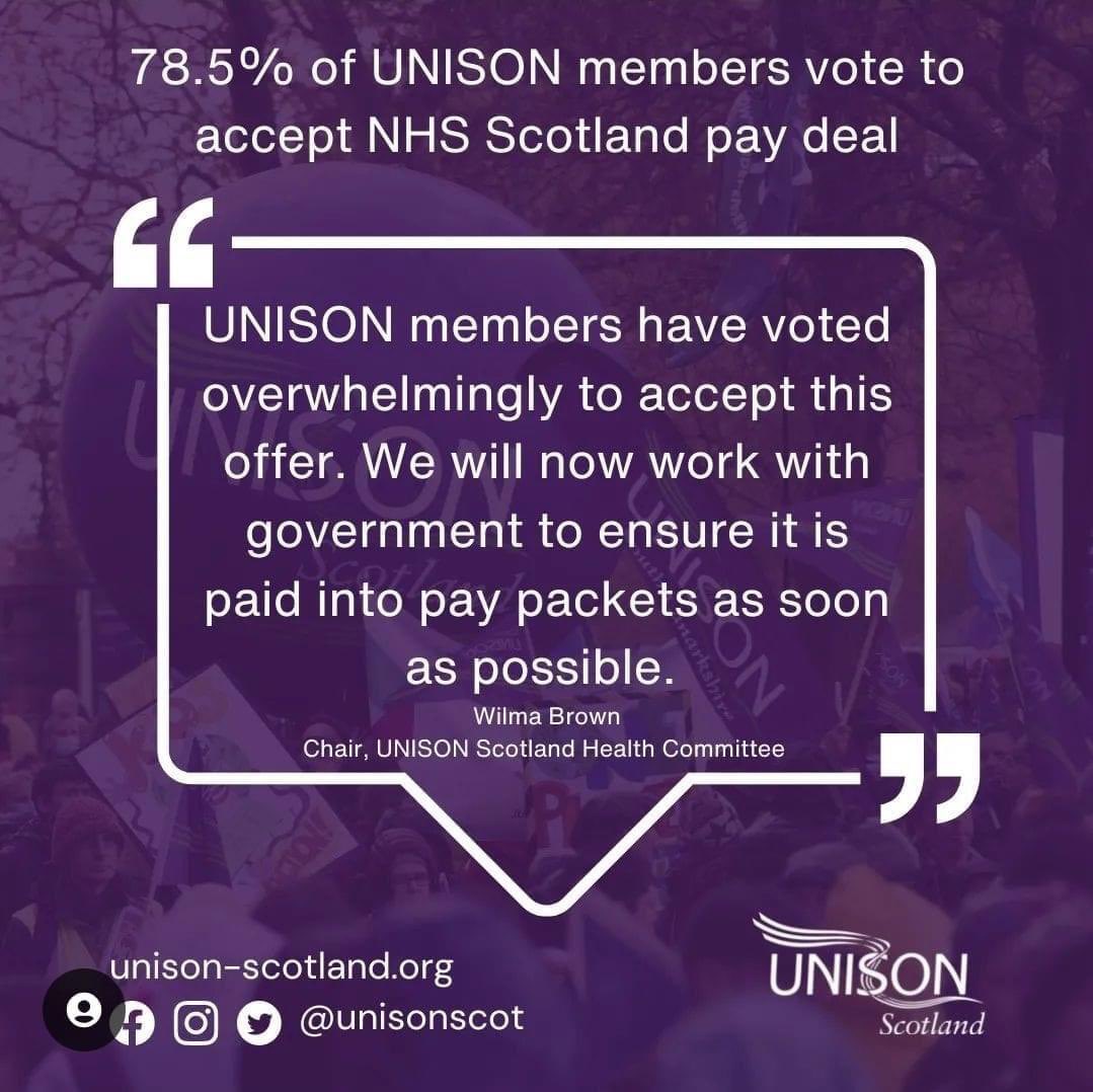 unisonnhsggc's tweet image. 🟪 2023/24 PAY DEAL 🟩

🗳️ The government’s pay offer for 2023 has been ACCEPTED

👉🏼 This will mean everyone on Bands 2-8a will see a minimum 6.5% pay rise, and one-off payment of minimum £387.

#NHSpay #PayDeal #PayRise
