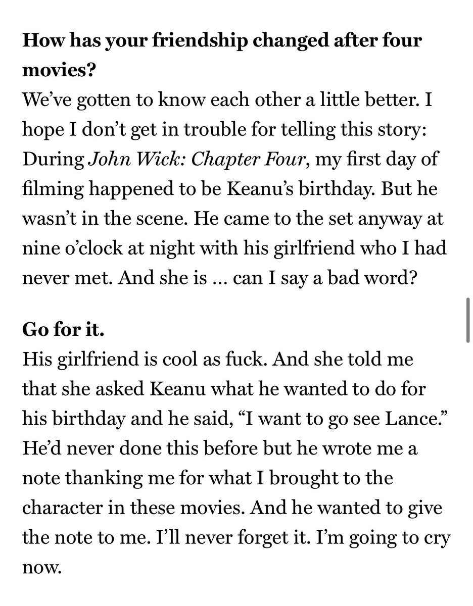 I often think about this story Lance Reddick told about working with Keanu on the newest Wick movie