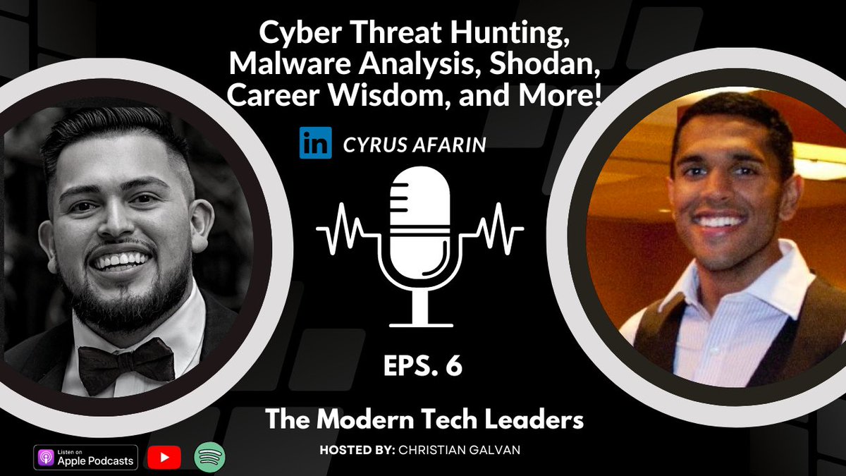 GalvanHacking's tweet photo. In this week's episode I sit down with none other than @cyrusSecurity to discuss Cyber Threat Hunting, Malware Analysis, Shodan, #WeHackHealth Community, and More! 🎧📈

#dfir #threathunting #malware #airforce #careerdevelopment #moderntechleaders

https://t.co/4TZEqvSYtu https://t.co/SZ2vcEgubj