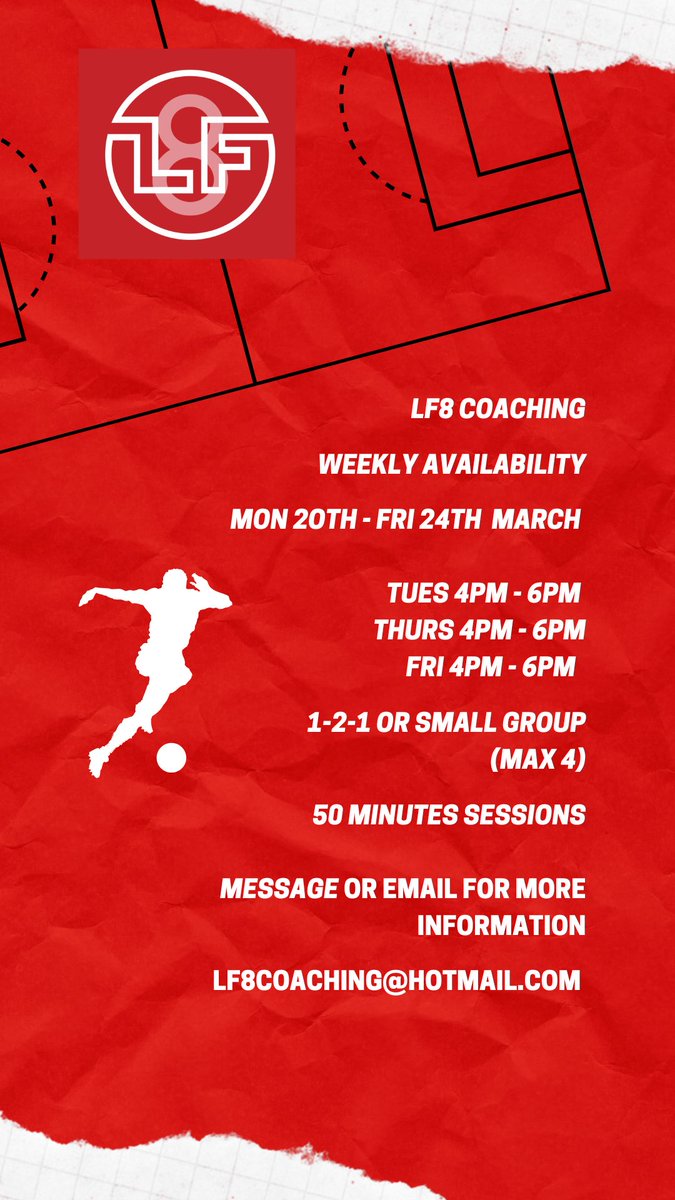 ⚽️ Weekly Availability ⚽️

Mon 20th - Fri 24th March