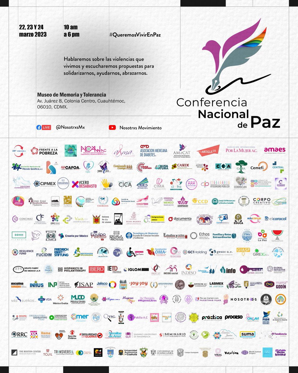 La #ConferenciaNacionalDePaz suma a más de 160 organizaciones y colectivos, ¡y tú también puedes ser parte!

Te esperamos la próxima semana.
📅 22, 23 y 24 de marzo
🕐 10 a 18 horas.
📌 #FBLive en <a href="/NosotrxsMX/">Nosotrxs</a>