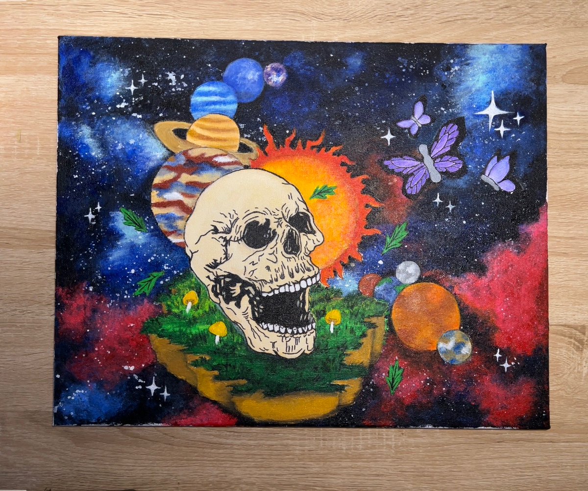 From Sketch to painting, the before and after. Now listed in my Etsy shop link in bio🤓 # skullpaintings
#trippyart #spaceart