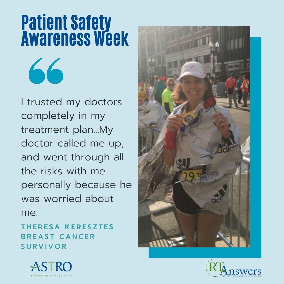 Read this #patientstory from #breastcancer survivor, Theresa Keresztes as she discusses his experience with #RadiationTherapy team and treatment. Learn more at. Read the story here: ow.ly/46QX50Nkz7B #PSAW23 #radonc #PatientSafety #PatientEducation #bcsm