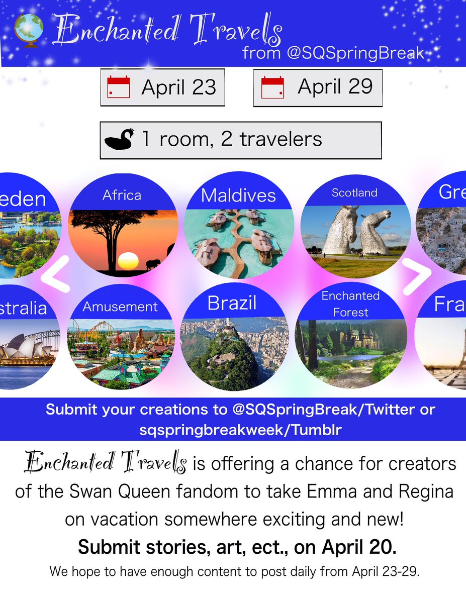 SQSpringBreak's tweet photo. Announcing the 3rd Swan Queen Spring Break Week 2023! April 23-29. Submissions April 20th. #sqspringbreakweek2023 #swanqueen #swen https://t.co/WIVw9P6Wze