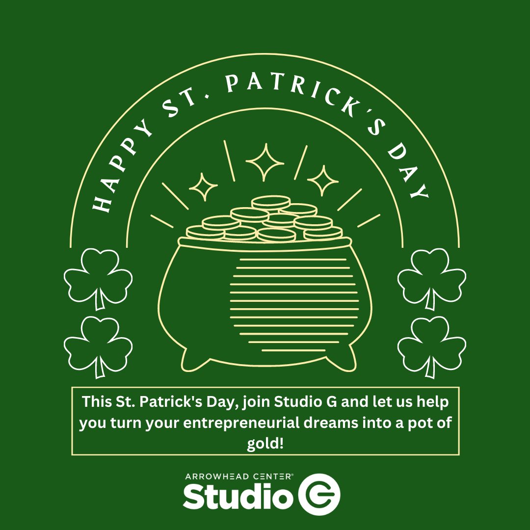 March into success this St. Patrick's Day by joining #StudioG !

Register: docs.google.com/forms/d/1I7XVY…

#NMSU #student #stpatricksday #entrepreneur #business