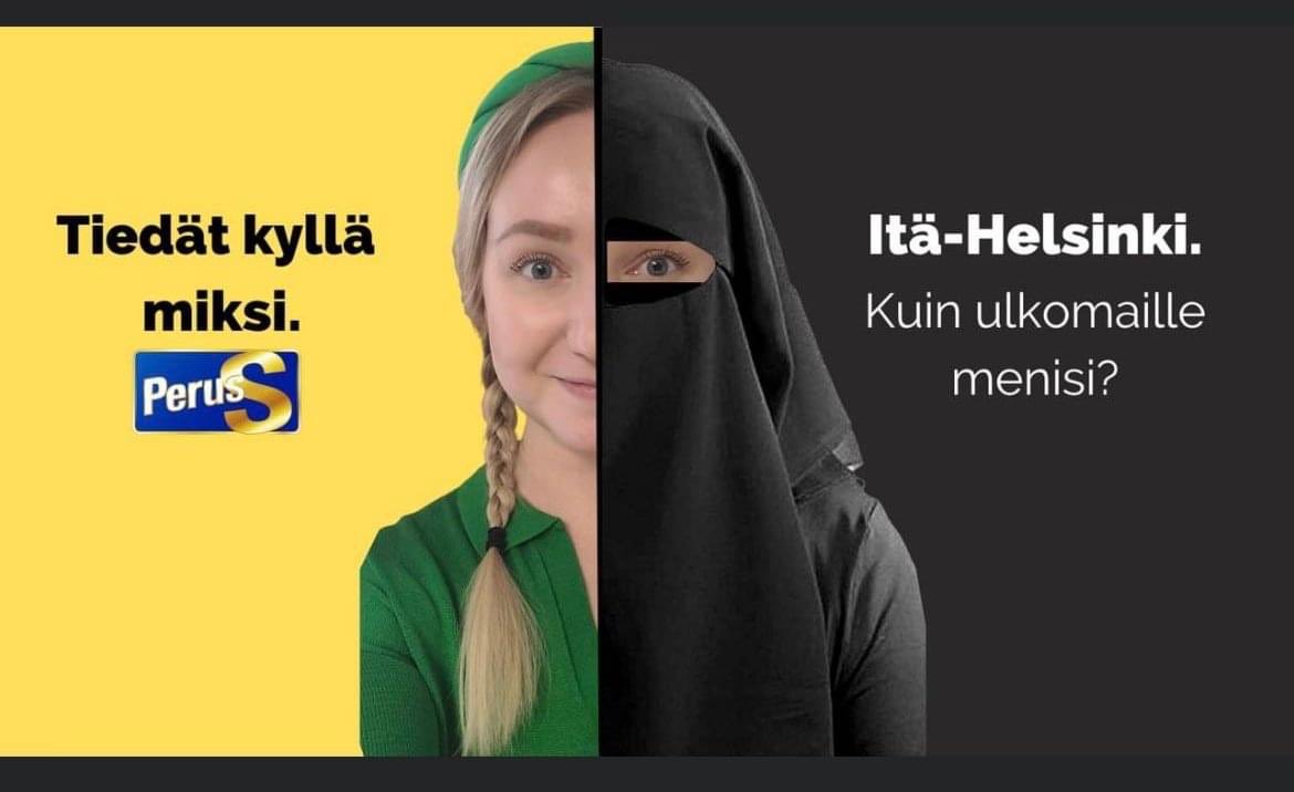 chivacongelado's tweet photo. I cannot be more upset at this ad. #persut stoking racial fear much? If they win, I know a lot of people who will be looking for opportunities elsewhere.

For the non-Finnish speakers the ad reads: “You know why (vote for us). East Helsinki, is it like going abroad?” https://t.co/jnHmtZsl8C