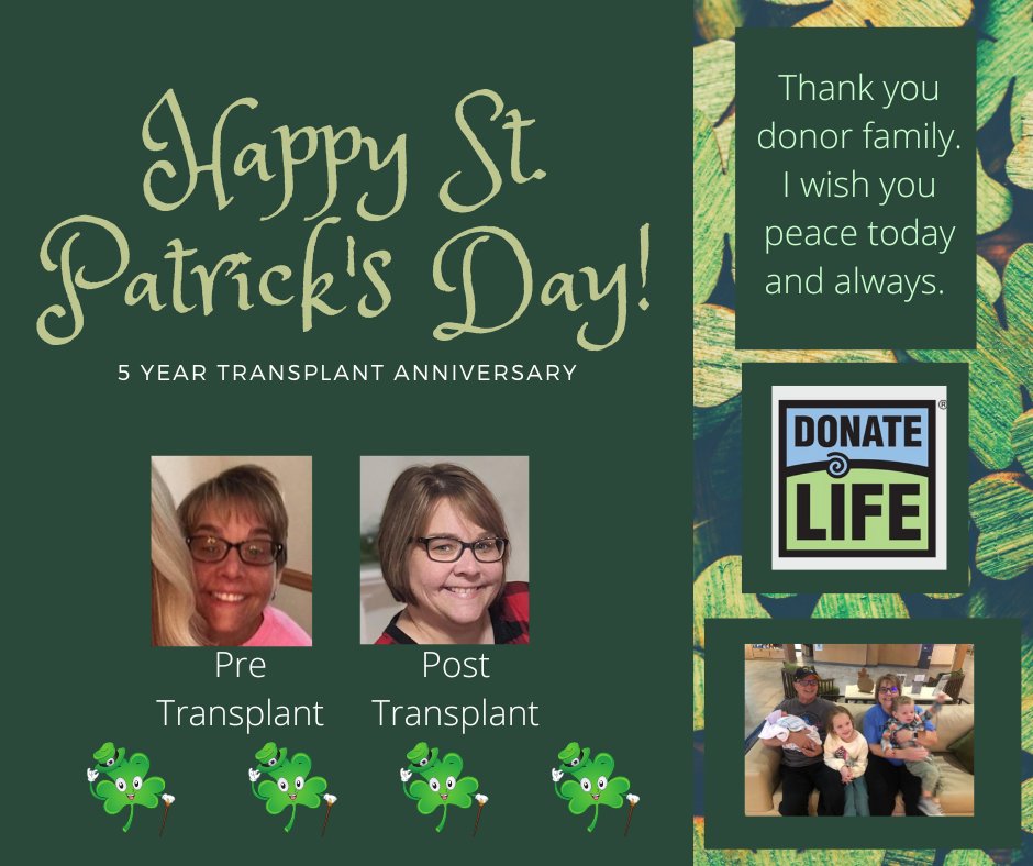 Are you an organ donor? I am. For me this day wouldn’t have been possible without the gracious gift of the donor and the donor’s family in organ donation. 5 years ago today, I received a liver transplant. If you haven’t already, please consider being an organ donor.
Happy 🍀Day!