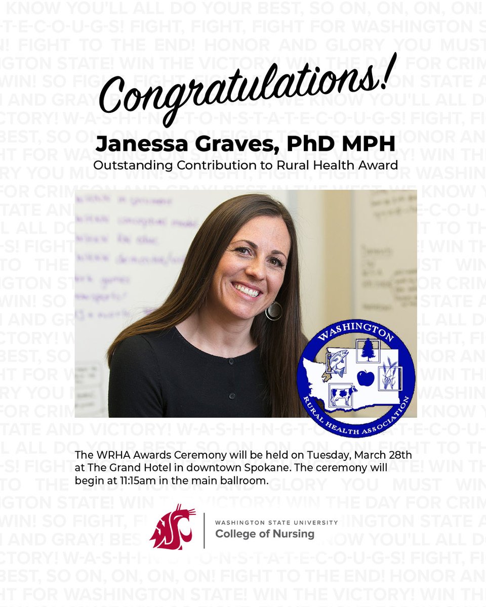 WSUNursing's tweet photo. Washington Rural Health Association honors individuals and organizations making significant contributions in rural health care.  Janessa Graves will be honored w/ "Oustanding Contribution to Rural Health" on March 28
https://t.co/V7TCxJAF6F
#RuralHealth #WRHA #Nursing #GoCougs https://t.co/AoOmjNYsz0