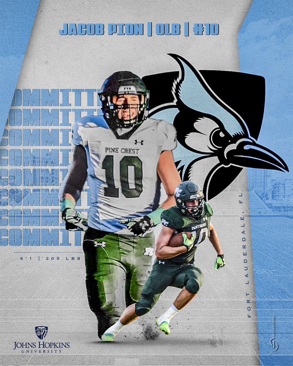 I am grateful and excited to announce my commitment to continue my athletic and academic career at Johns Hopkins University. Thank you to my family, friends, and coaches for always supporting me and believing in me. GO BLUE JAYS!!!💙🤍 <a href="/JHU_Football/">Johns Hopkins Football</a> <a href="/Greg_Chimera/">Greg Chimera</a> <a href="/PineCrestFB/">Pine Crest Football</a>