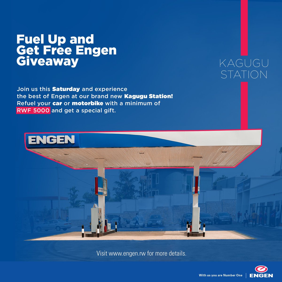 VivoEnergyRw's tweet photo. Join us this Saturday and experience the best of Engen at our brand new Kagugu Station! Refuel your car or motorbike with a minimum of RWF 5000 and get a special gift.
#EngenRw #WithUsYourNumberOne https://t.co/uqwuiYlkkL