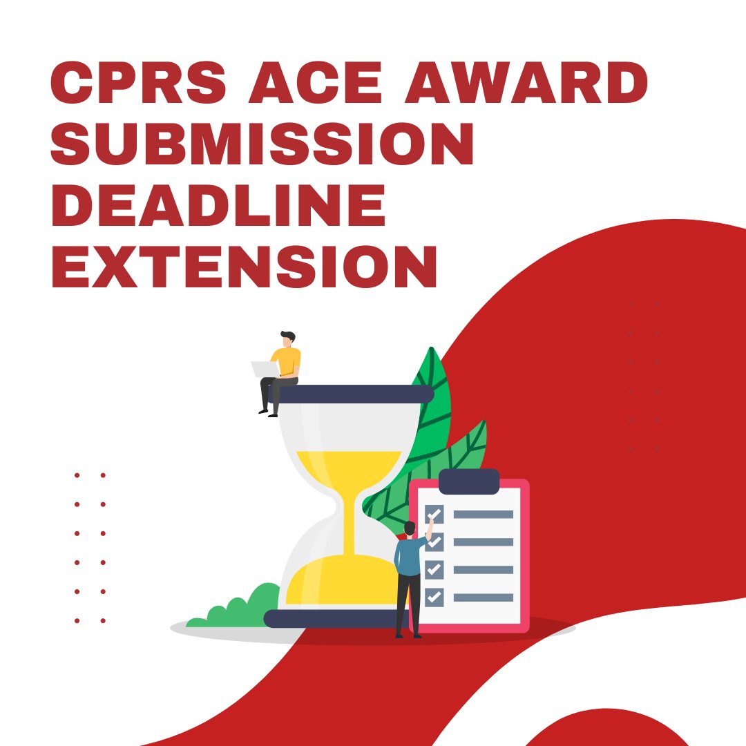 An additional late submission period has been added for CPRS Toronto ACE Award submissions. The upcoming deadlines are:

Regular deadline: March 21, 2023 at 11:59 PM EDT 
Late deadline: April 4, 2023 at 11:59 PM EDT

Good luck with your submissions!  

#CPRS #CPRSACE #Award